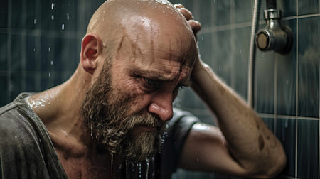 Homeless sad and worried man taking a shower in a help center. Generative AI.の素材