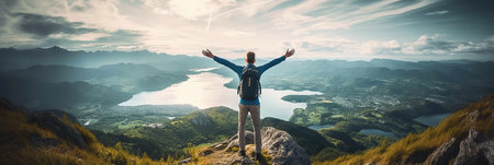 Happy man with arms up on the top of the mountain. Generative AI.の素材