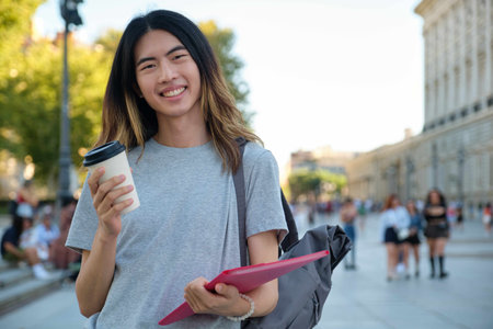Asian male student smiling and looking at camera with a coffee, folder and backpack at university campus in Spain.の写真素材