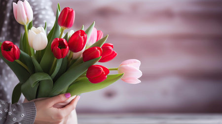 Unrecognizable woman holding tulips bouquet for international women's day. Generative AI.の素材