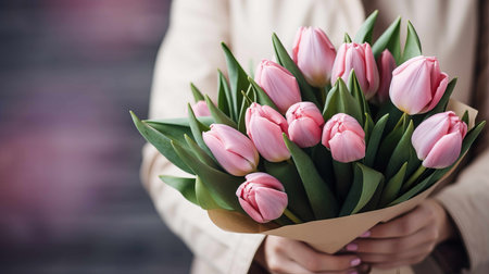 Unrecognizable woman holding tulips bouquet for international women's day. Generative AI.の素材