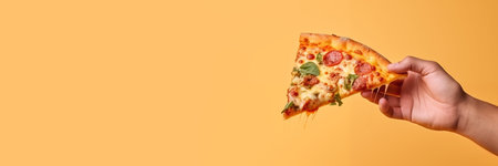 Hand grabbing pepperoni pizza over orange background banner. Generative AI.の素材