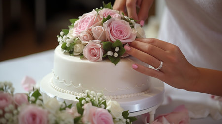 Woman hands decorating weeding cake with rose flowers. Generative AI.の素材