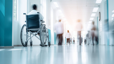 Long exposure blurred motion of medical doctors, nurses and patients in wheelchair in a emergency hospital ward wearing blue aprons, walking down a corridor. Generative AI.の素材