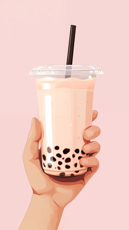 Hand holding takeaway plastic cup iced bubble milk tea with tapioca pearls over pink background. Generative AI.の素材