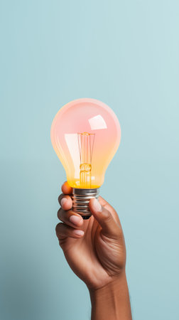 Hand holding a light bulb over pastel blue background. Generative AI.の素材