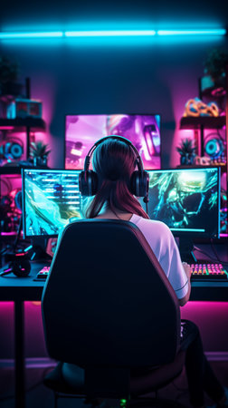 Unrecognizable girl playing professional videogames with headphones. Generative AI.の素材