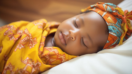 Newborn African baby girl sleeping. Generative AI.の素材