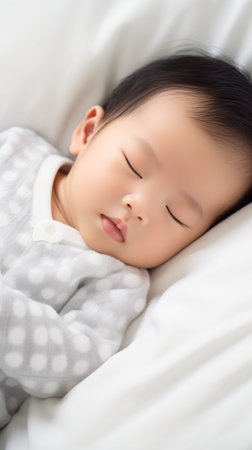 Newborn Asian baby boy sleeping. Generative AI.の素材