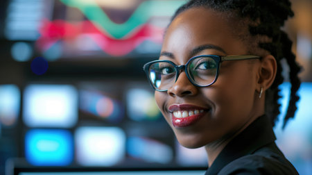 Black female cybersecurity analyst smiling at camera, with security monitors in the background. Generative AI.の素材