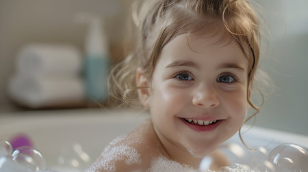 Happy Caucasian girl surrounded by soap bubbles in a bathtub. Generative AI.の素材
