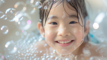 Happy Asian girl surrounded by soap bubbles in a bathtub. Generative AI.の素材