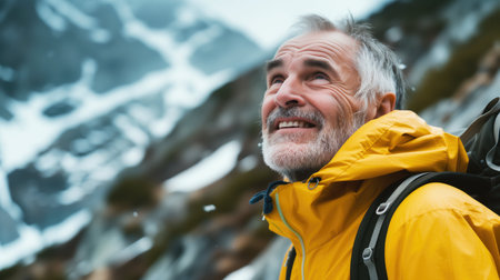 Old Caucasian man smiling while hiking on a mountain. Generative AI.の素材