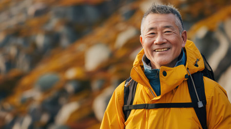 Old Asian man smiling while hiking on a mountain. Generative AI.の素材