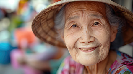 Asian old woman smiling and looking at camera. Generative AI.の素材
