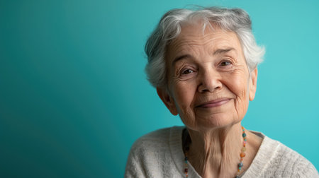 Latin old woman smiling and looking at camera. Generative AI.の素材