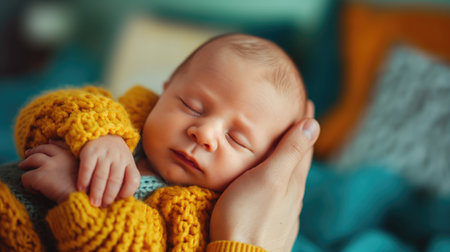 Caucasian newborn baby holding in hands. Generative AI.の素材