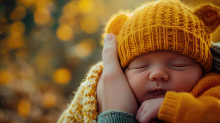 Caucasian newborn baby holding in hands. Generative AI.の素材