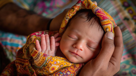 Latin newborn baby holding in hands. Generative AI.の素材