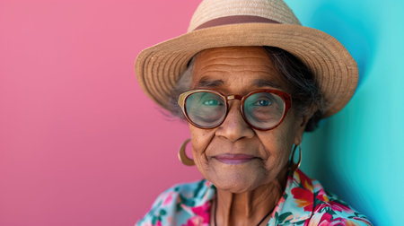 Cuban old woman smiling and looking at camera. Generative AI.の素材