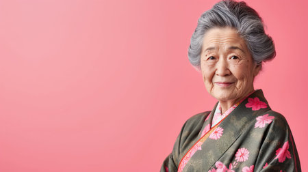 Japanese old woman in kimono smiling and looking at camera. Generative AI.の素材