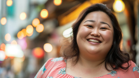Happy Asian woman with overweight. Generative AI.の素材