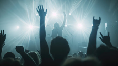 People rising hands on a concert. Generative AI.の素材