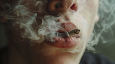 Close up of a male teenager mouth smoking a joint. World no tobacco day. Generative AI.の素材