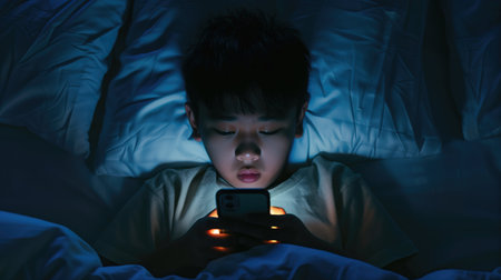 Asian teenager boy addicted to a phone lying in bed, insomnia, sad, bored in bed scrolling through social media networks at night. Generative AI.の素材