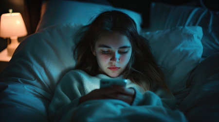 Teenager girl addicted to a phone lying in bed, insomnia, sad, bored in bed scrolling through social media networks at night. Generative AI.の素材