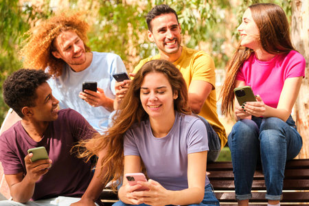Group young friends holding mobile phones watching videos, communication online, chatting at street.の写真素材