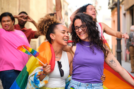 Lesbian couple laughing and celebrating International Pride Day. They are surrounded by a group of...
