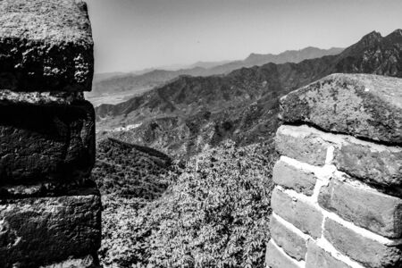 Great Wall in China in black and whiteの写真素材