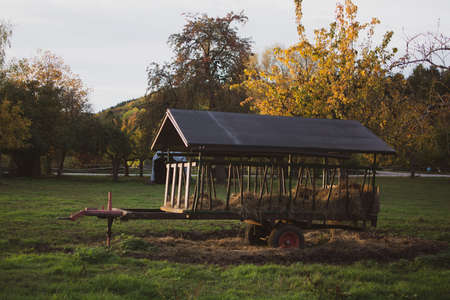 rustic vintage farm with an old chariot dray cart farm wagon in Freudental, South of Germanyの写真素材
