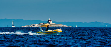 Speed boat take off on holiday in Croatiaの写真素材