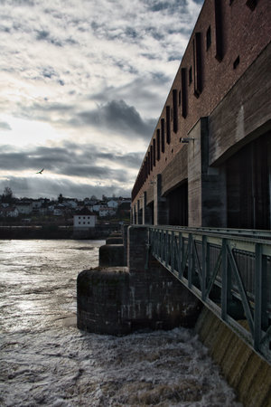 Kachlet lock next to passau with wall of the power stationの写真素材