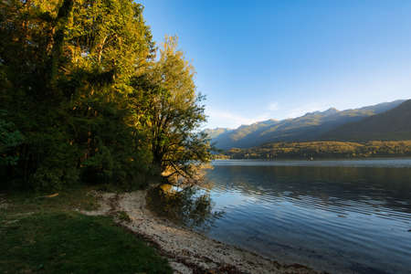 Great nature scenery in Slovenian Alps. Incredible autumn landscape on Jasna lake. Triglav national park. Kranjska Gora, Slovenia. Amazing landscape with mountain lakeの写真素材