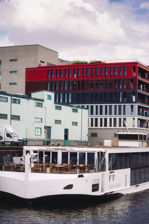 Port in the canal of the river Main in Frankfurt. West Harbor residential area in the morning at...