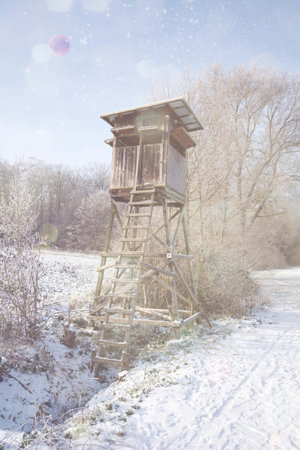 High seat for hunters in winter at Freudental, Southern Germanyの写真素材
