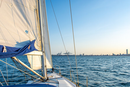 sailing into the sunset at Aarhus, Denmarkの写真素材