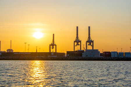 Denmark - Aarhus city harbor front at sunsetの写真素材