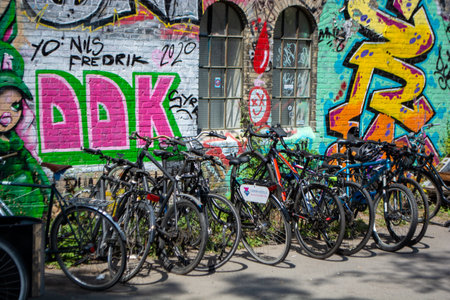 Copenhagen, Denmark colorful bikes in the villageの写真素材