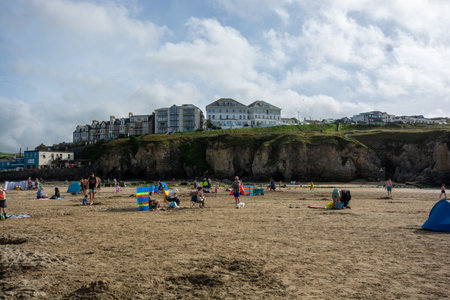 Perranporth, cornwall, England coastal view and rock or cliff formations, August 2023の写真素材
