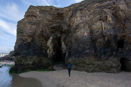 Perranporth, cornwall, England coastal view and rock or cliff formations, August 2023の写真素材