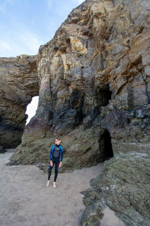 Perranporth, cornwall, England coastal view and rock or cliff formations, August 2023の写真素材