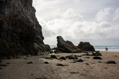 Perranporth, cornwall, England coastal view and rock or cliff formations, August 2023の写真素材