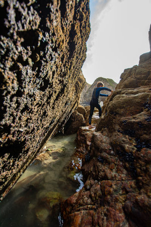 Perranporth, cornwall, England coastal view and rock or cliff formations, August 2023の写真素材