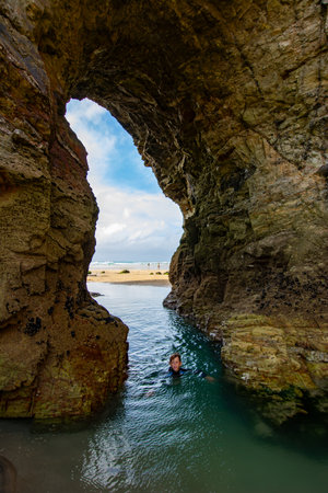 Perranporth, cornwall, England coastal view and rock or cliff formations, August 2023の写真素材
