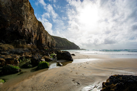 Perranporth, cornwall, England coastal view and rock or cliff formations, August 2023の写真素材