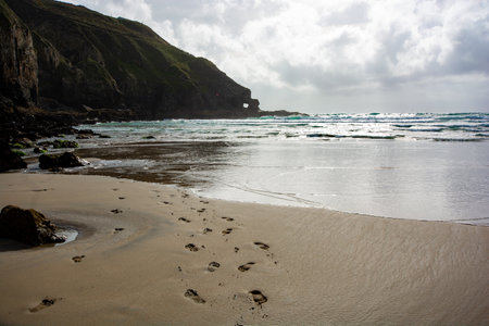Perranporth, cornwall, England coastal view and rock or cliff formations, August 2023の写真素材